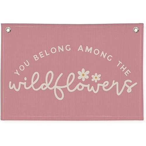 Girls Room Decor, Wildflower Baby Girl Nursery Decor, Baby Shower Pink Linen Canvas Banner, Wall Hanging Banner Flag 20x30 Inch - Hot Pink