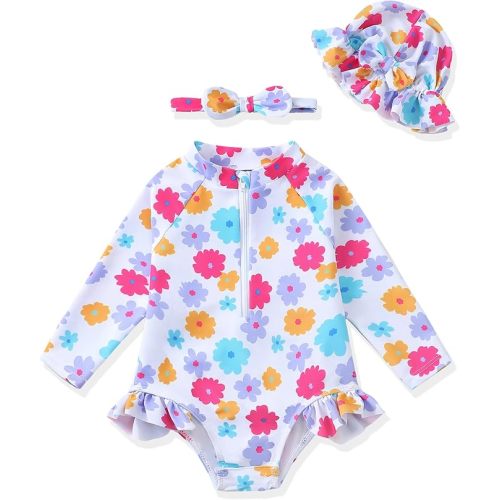 Infant Baby Swimsuit Girl Toddler One-Piece Bathing Suit with Hat | Long Sleeve Rash Guard Infant Bathing Suit Girl,Summer Baby Swimsuit with Hat,Ruffle Floral Zipper Swim Suit,Beach Essentials