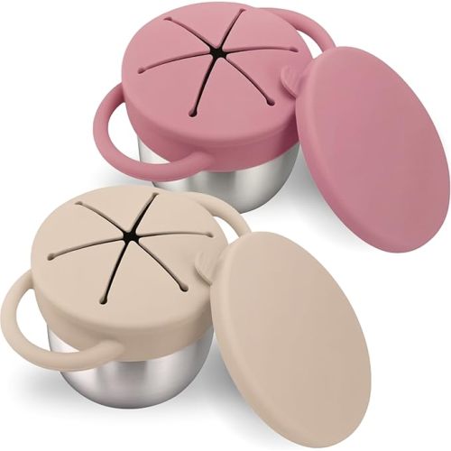Baby Bliss 2 Pack Toddler Snack Container, Canadian Mom Owned, Stainless Steel & Silicone Baby Snack Cup, Snack Cups Toddler No Spill, Toddler Travel Essentials (Soft Rose & Almond)