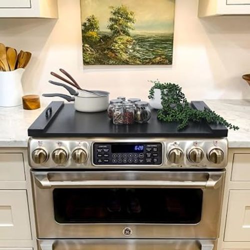 SwallowLiving Wood Noodle Board Stove Cover with Handles, Wooden Stovetop Cover Board for Gas Stove and Electric Stove Top,Kitchen Sink Cover for Counter Space, Cutting Board, Black