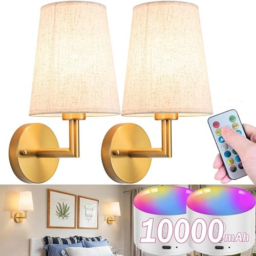 Battery Operated Wall Sconces Set of Two, Indoor Wireless Wall Mounted Lamp with 10000mAh Dimmable Bulb and Remote, RGB Colors Rechargeable Wall Light for Bedroom Living Room Decor
