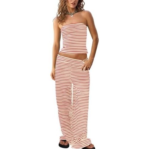 Tankaneo Womens Striped 2 Piece Sets Summer Strapless Crop Tube Tops Wide Leg Pants Matching Lounge Set Vacation Outfits