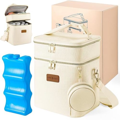 Breastmilk Cooler Bag with Ice Pack & Pacifier Case, Large Double Layer Insulated Baby Bottle Cooler Fits 6 Bottles, Breast Pump Storage Bag for Working Nursing Moms, with Gift Box