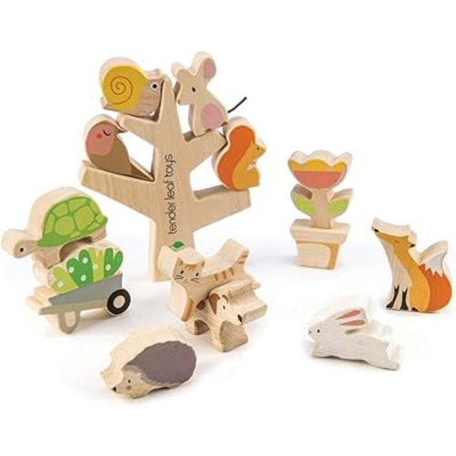 Tender Leaf Toys - Stacking Garden Friends - 14 Pcs Wooden Stacking & Balancing Toy & Educational Game with Free Travel Bag