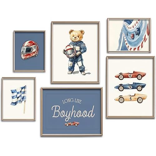 Set of 6 Nursery Race Car Wall Art Vintage Boys Room Wall Decor Navy Blue Vehicle Pictures Teddy Bear Poster Prints Racing Car Art for Boys Bedroom Playroom Home Decoration 8x10Inch Unframed
