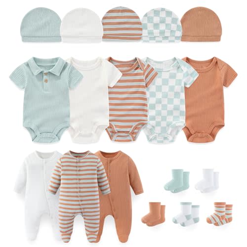 falianni Baby Boy Girl Layette Set 18 Piece Infant Essentials Must Haves Clothes 0-12 Month Rompers+Bodysuits+Hats+Socks