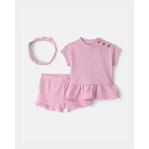 Baby Girl 3-Piece Textured Top & Short Set - Pink | Carter's