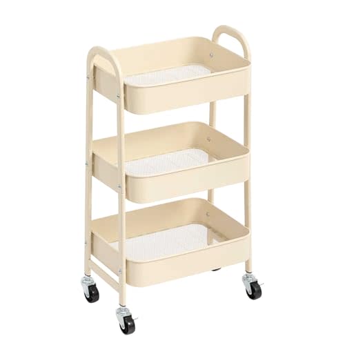 AGTEK Makeup Cart, Movable Rolling Organizer Cart,3 Tier Metal Utility Cart, Beige