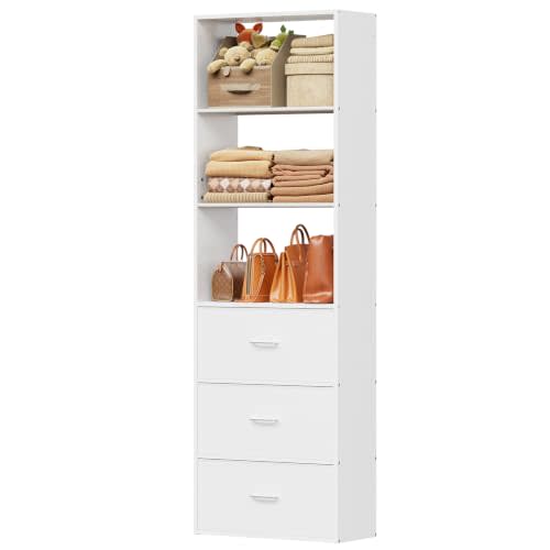 21.3" Wide Tall Wood Closet Organizer System with 3 Fabric Drawers | Freestanding Wardrobe Wood Closet Organizer with Adjustable Shelf for Bedroom Laundry Walk-in Closet White (21.3"X11.8"X80")
