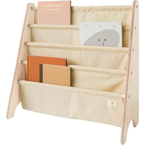 3 Sprouts Recycled Fabric Kids Bookshelf – 4-Tier Sling Book Rack Organizer - Nursery Room Playroom Classroom Wooden Book Shelves - Kid Bookcase Wood Storage Shelf for Toddler Age 3+ - Beige