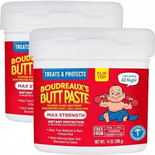 Boudreaux’s Butt Paste Max Strength Diaper Rash Cream for Baby, Ointment With Zinc Oxide, 14 oz Flip-Top Jar (Pack of 2)