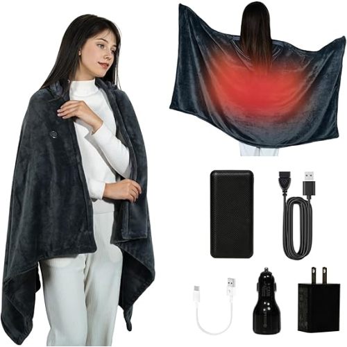 Cordless Heated Blanket, Cozy Portable Heated Blanket Battery Operated w/Hoodie, 3 Temp, 20000 mAh, Camping Wearable Heating Blanket for Car, Heated Throw Cordless