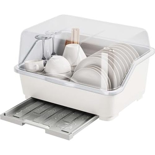 Tomorotec Plastic Dish Drying Rack & Drain Board with Lid Cover Light White