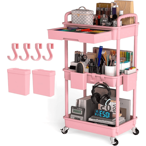 LLMRR 3 Tier Rolling Utility Cart with Drawer and Handle, Pink, Lockable Wheels
