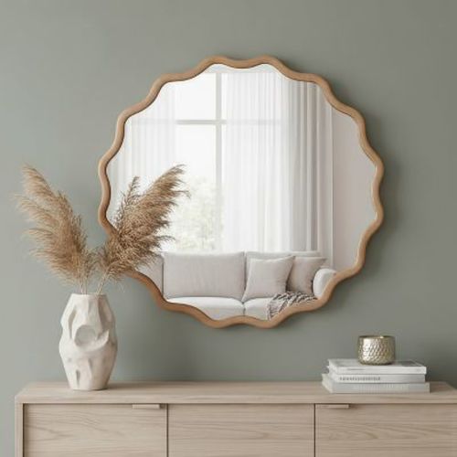 Wavy Round Mirror, Natural Wood