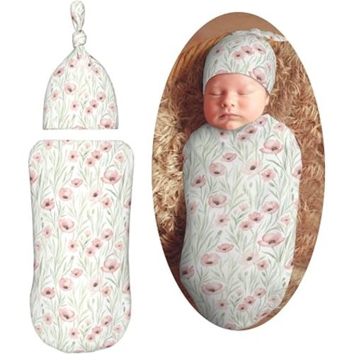 Pink Poppies and Wildflowers Newborn Swaddle Blankets Hat Sets Soft Baby Receiving Blanket Swaddle for Baby Shower Infant Boy Girl Gift