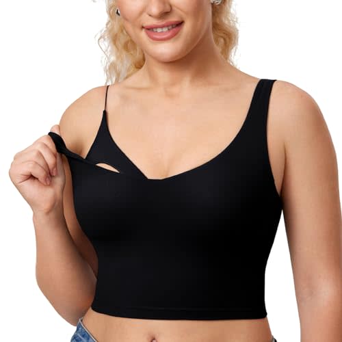 MOMANDA Women's Nursing Bras Longline Sports Breastfeeding V Neck Sleeveless Crop Tank Top with Built in Bra