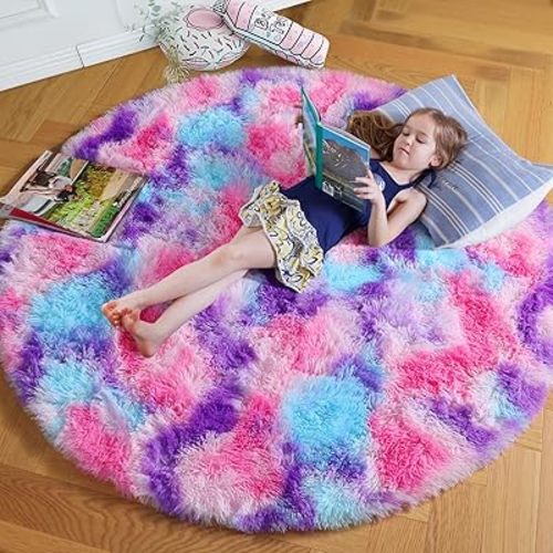 Amdrebio Hot Pink Rainbow Round Circle Area Rug 5Ft for Girls Bedroom, Fluffy Cute Fuzzy Colorful Pastel Kids Rugs for Nursery Playroom Classroom, Unicorn Shag Princess Carpet for Baby Toddler Teen