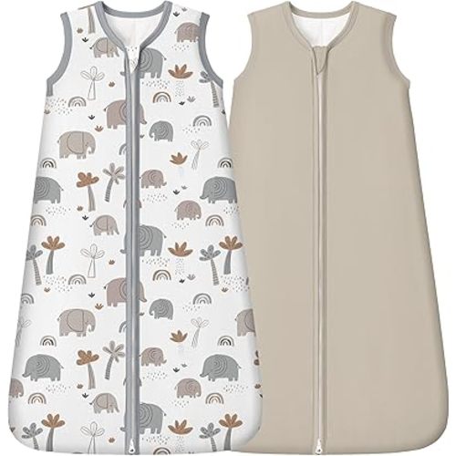 Rayon Made from Bamboo Baby Sleep Sack 0-6 Months, 1.0 Tog Baby Wearable Blanket, Soft Sleeping Bag for Newborn Infant Babies with 2-Way Zipper 2 Pack (Small) Grey Elephant
