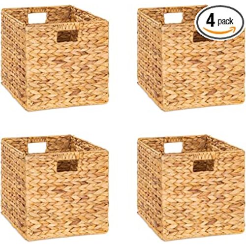 M4DECOR 12x12x12 Storage Cube, Water Hyacinth Storage Baskets, Wicker Storage Baskets for Shelves, Woven Baskets for Storage, Square Wicker Storage Basket for Bedroom, Living Room (4 Packs 12x12in)