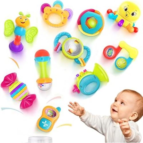iPlay, iLearn 10PCS Baby Rattle Toys 3-6-12 Months, Infant Sensory Teething