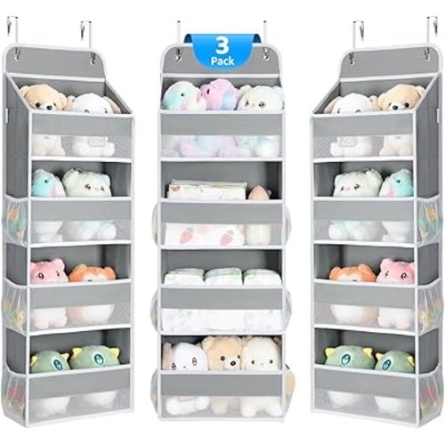 Yecaye 3 Pack 4-Tier Over The Door Organizer - Foldable Portable Baby Essentials for Stuffed Animal Storage - Multi-Purpose Bathroom Closet Organizers and Storage for Kids Newborn Baby Stuff Gray