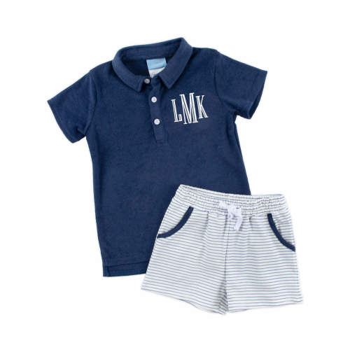 Navy Stripe Terry Polo Short Set