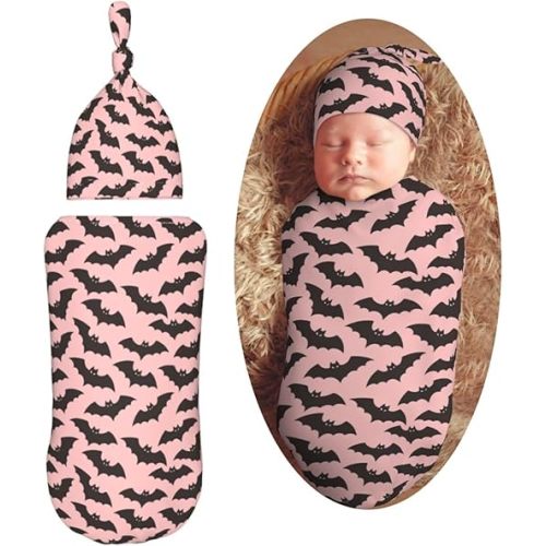 Halloween Pink Black Bats Newborn Swaddle Blankets Baby Receiving Blanket Soft Swaddle Sleeping Sack with Hat Sets for Baby Shower Girl Boy Gift