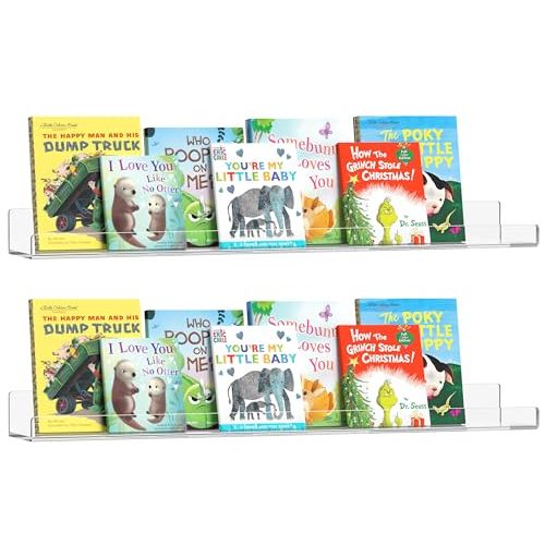 HBlife 24 Inches Floating Shelves Wall Mounted Clear Acrylic Shelves for Figures, 16 Inch Stud Spacing Invisible Floating Bookshelf for Kids and Nursery, 2 Pack (5MM Thick)