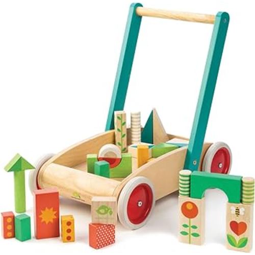 Tender Leaf Toys Baby Block Wooden Walker - Includes 29 Garden Themed Wooden Toy Blocks - Premium Quality Construction - Develops Balance, Strength & Creative Play - 18 Month +