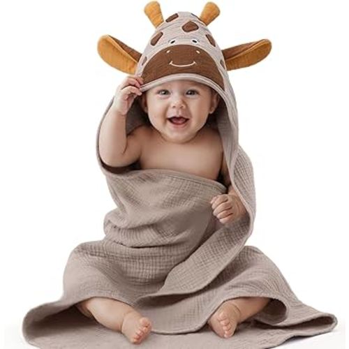 Blissful Diary Muslin Baby Hooded Towel, Soft and Absorbent Bath Towel for Newborn, Infant, Toddler, Unisex, 32″x32″ - Gentle Giraffe