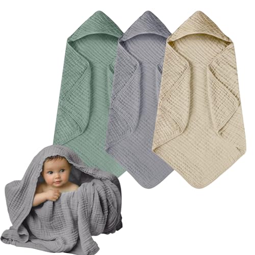 Muslin Hooded Baby Towels, 3 Pack Cotton Baby Bath Towels with Hood for Newborn, Babies, Infant, Toddler, Soft and Absorbent Baby Shower Towel Newborn Essential (35 X 35 Inch) (Green + Grey + Apricot)