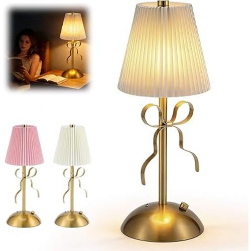 Bow Table Lamp - Rechargeable Cordless Night Light with Fabric Shade, 3-Way Dimmable Touch Control, Cute Princess Lamp for Girls Bedroom, Nursery, Desk & Boho Room Decor