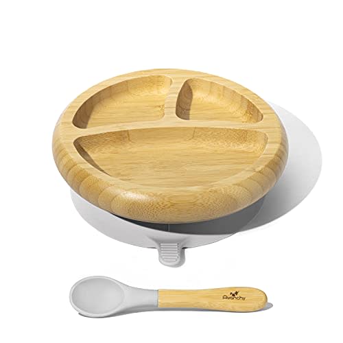 Avanchy Baby Plates Divided Bamboo with Suction for Babies Kids Toddler Food with Silicone Spoon for Feeding (Gray)