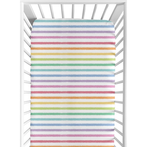 Sweet Jojo Designs Pastel Rainbow Striped Girl Fitted Crib Sheet Purple Pink Orange Yellow Sage Turquoise Blue Watercolor Stripe