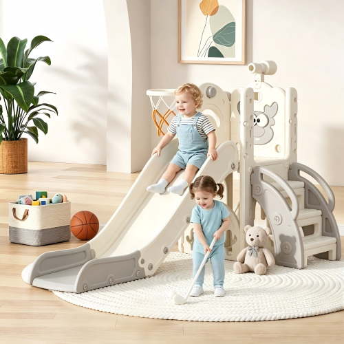 DKMOCO 6-in-1 Toddler Slide Playset, Indoor Outdoor Climber and Slide with Basketball Hoop, Golf Game, Telescope and Storage, Safe HDPE Plastic Playground for Kids Ages 1-3, Gray White