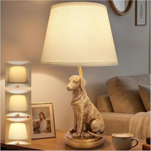 Golden Resin Dog Table Lamp for Bedroom Living Room Bar Home Decor, Antique Gold Finish, Cute Animal Dog Design, 3-Way Brightness Adjustable, White Linen Shade, Desk Lamp for Home Nightstand End Table