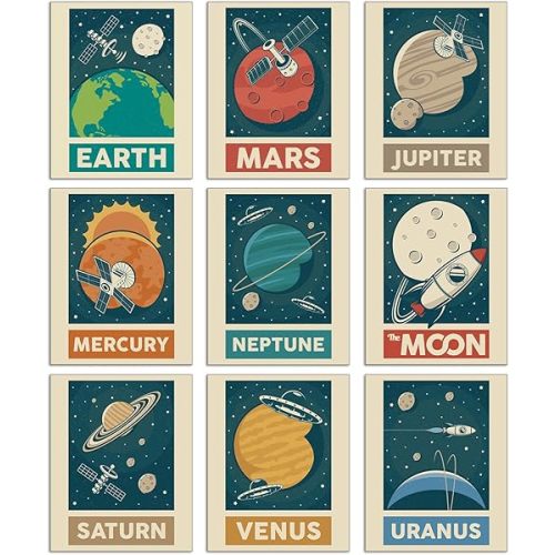 Retro Solar System Planet Wall Art Prints Set of 9, Outer Space Decor For Boys Room, Vintage Space Poster For Bedroom Men, Sci-fi Planet Wall Decor Aesthetic