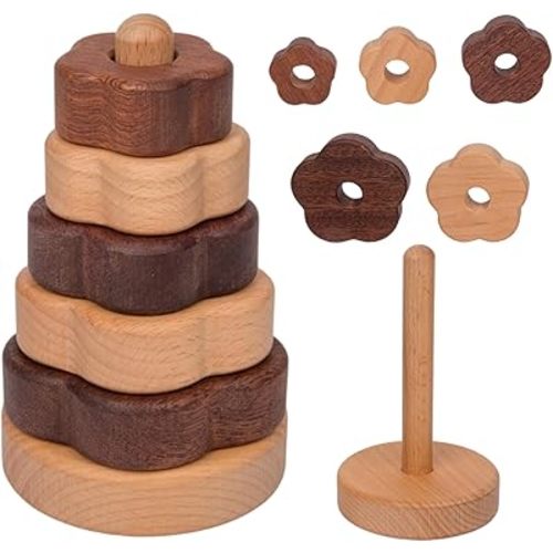 Adena Montessori Ring Natural Wood-Colored Wooden Stacking Toy,Montessori Geometric Stacker Wooden Educational Toy,Baby and Toddler Ages 12+ Months Shape Sorter and Stacking Tower for Babies(Flower)