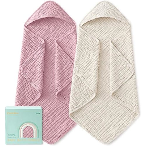 Yoofoss Hooded Baby Towels for Newborn 2 Pack 100% Muslin Organic Cotton Baby Bath Towel with Hood for Babies, Infant, Toddler and Kids, Large 32x32Inch, Soft and Absorbent Newborn Essential