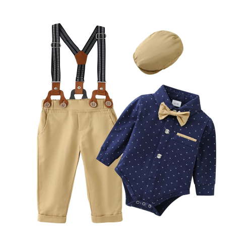 CARETOO Baby Boy Clothes Cotton Fabric Formal Outfits Shirt Suspender Pants Bowtie Beret Hat 4pcs