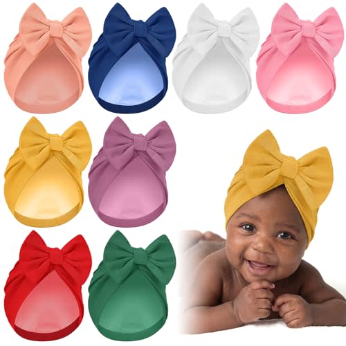 8 Pcs Newborn Satin Bonnet for 0-6 Months Infant Toddler Silky Satin Lined Stretchy Baby Turban Hats with Bow