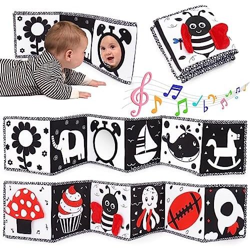 Black and White High Contrast Toys for Baby 0-3 3-6 months Infant Tummy Time Soft Book Sensory Musical Toy 0-2-4-6 month Babies Brain Development Crinkle Book Mirror Newborn Shower Gifts Boys Girls