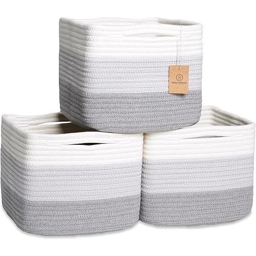 NaturalCozy Storage Cubes 9”x9”x7”Cotton Rope Woven Baskets for Organizing 3-Pack | 9 Inch Cube Storage Bin | Small Basket for Shelf Nursery, Pantry, Decorative Plant, Bathroom Closet, Toy Gift