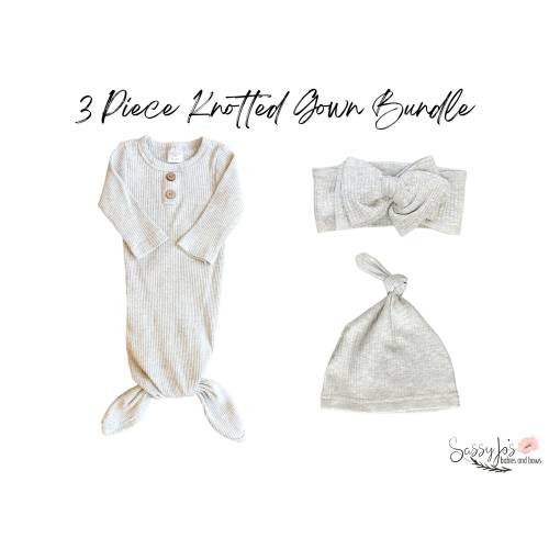 Newborn Gender Neutral Coming Home Outfit 3 Piece Bundle, Neutral Baby Clothes, Baby Knotted Gown, Newborn Baby Girl Hospital Outfit