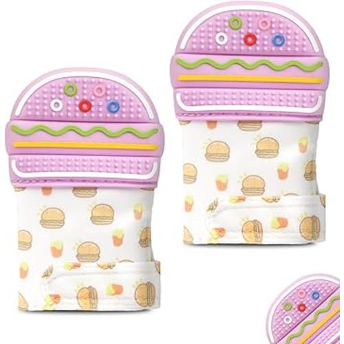 2Pack Silicone Teething Mitt, Hamburger Baby Teething Toy for 0-6 6-12 Months, Food Grade Silicone Infant Teething Mitten, BPA-Free Baby Chew Toys for Pain Relief, Sucking Needs