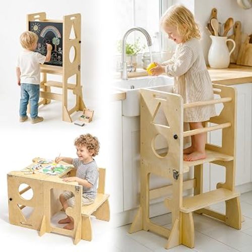 4 in 1 Foldable Toddler Standing Tower, Step Stool with Blackboard