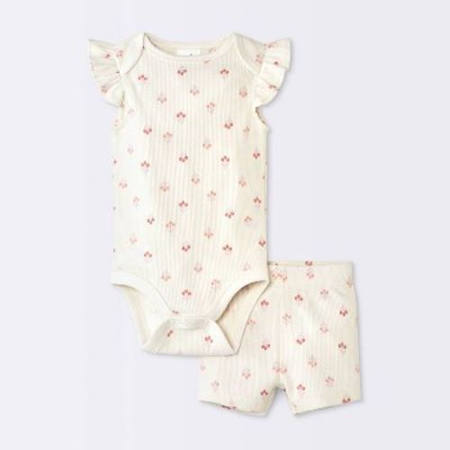 Baby Girls' 2pc Floral Bodysuit and Shorts Set - Cloud Island™ Cream 0-3M