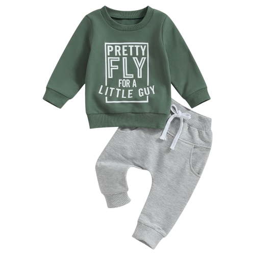 Ramiter Baby Boy Clothes Newborn Toddler Baby Boy Fall Winter Clothes Letter Graphic Long Sleeve Sweatshirt Pullover Tops + Joggers Pants Outfit Set(Green,6-12 Months)