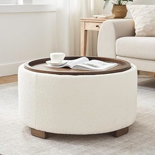 30 Inch Round Storage Ottoman Coffee Table, Modern Boucle Ottoman with Lift-Off Lid and Solid Wood Legs for Living Room, Bedroom, Corners, Apartments (Beige)